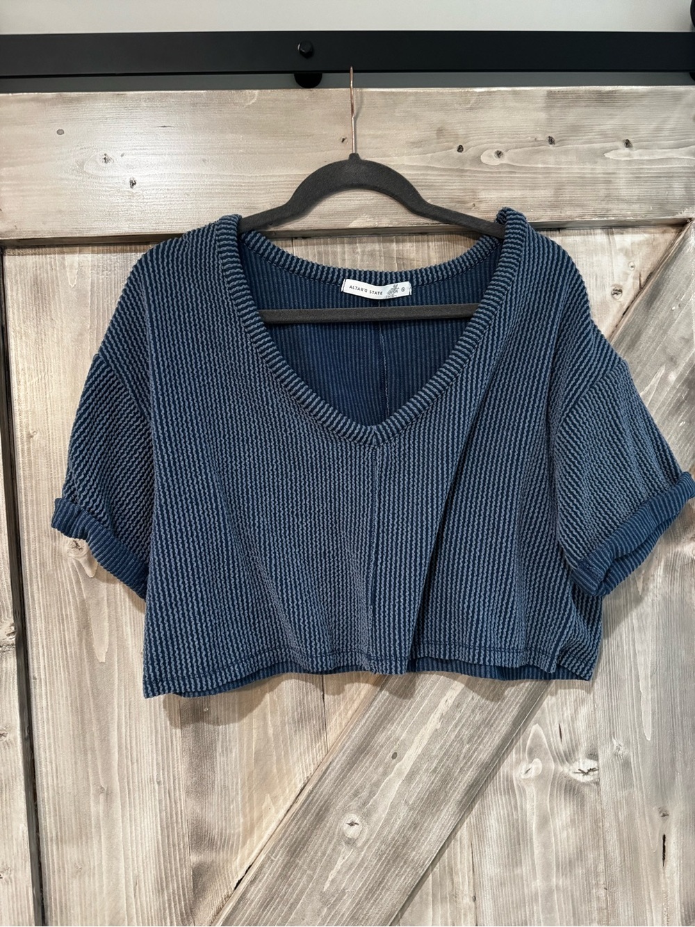 Altar'd State Navy Ribbed V-Neck Cropped Tee